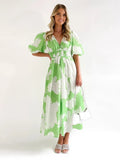 Fongt Summer Print V-Neck Sexy Bohemian Bubble Sleeve Holiday Beach Dress