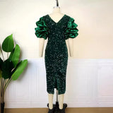 Fongt Sexy V-Neck Pile Sleeve Dress High-Waist V-Back Party Slit Dress Dresses Dresses