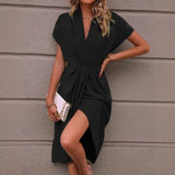 Fongt V-Neck Temperament Elegant Irregular Sleeves Of Pure Color Bag Dress