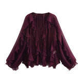 Fongt 2025 New Women's V-Neck Single Buckle Long-Sleeved Cascade Decorative Shirt 10 Colors