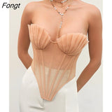 Women Strapless Sheer Mesh Mermaid Sea Shell Vest Crop Backless Lace up Tank Top Party Clubwear Crop Top