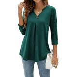 Color Five Yards A Large Number Of Burst Seven-Point Sleeve Solid Color V-Neck Buckle Folded T-Shirt Top