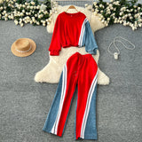 Fongt Denim Set Female Retro Casual Color Long-Sleeved Sweater Denim Spliced Broad Leg Pants Two Sets