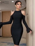 Women Elegant Bodycon Bandage Dress 2022 Spring Sexy Hollow Out Long Sleeve Evening Midi Celebrity Party Dresses