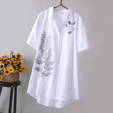 Arrival Women Leaf Embroidery Long Cotton White Blouse Summer Short Sleeve White Female Shirt Turn-Down Collar Top