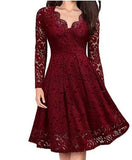 Women's Elegant Lace Dress for Party Evening Club Vintage Long Sleeve V Neck Solid Bridesmaid Dress Slim Mini Dress