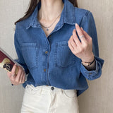 Fongt Hong Kong Wind Blue Shirt Denim Shirt Female Small Spring And Autumn 2024 New Design Feeling Small Coat Female-Outfit