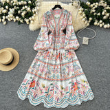 Fongt Vintage Printed Dresses Women's New Spring 2025 New Waist Temperament V-Neck Single-Rece Buckle Long Dress