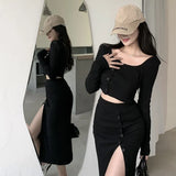 Fongt New Suit Hottie Exposed Umbilled Long-Sleeved Top + High Waist Open Half-Body Bag Skirt Two