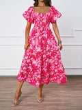 Fongt New Temperament Collar Print Pony Dress Bubble Sleeve Dress Woman
