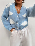 Fongt Loose V-Neck Clouds Fall Shoulder Knitted Cardigan Three Buckle Sweater Short Coat