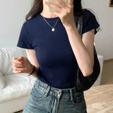 Basic Grey Shoulder T-Shirt Women's Short-Sleeved Round-Necked T-Shirt Threaded To Show A Thin Blouse In