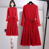 Solid Party Dress Female 2022 Spring Summer New Loose Casual Lotus Leaf Collar Lantern Sleeve Midi Pleated Chiffon