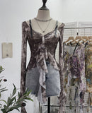 Fongt Retro Oil Painting Wind Dyed Lotus Leaf Side Sling T-Shirts Long Sleeves Drifting Coat 2658