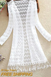 Women Slim Thin Lace Jakcet Chaqueta Mujer New 2023 Summer Long Sleeve Hollowing Tassels Medium Long Cardigan Womens