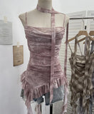 Fongt Shooting Round Neck Fluttering Dye Printing Irregular Lotus Leaf Side Mesh Slings Slings Sleeveless Top 1218