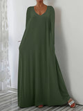 Fongt New Long Dress Casual Loose Long Sleeve Solid Color Collar Dress