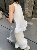 Loose Ruched Two Piece Set Womens Round Neck Sleeveless Tops High Waist Midi Skirts Female Sets Fashion Clothes