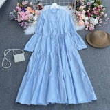Temperament Aging Solid Color Simple Dress Autumn Dress Korean Version Fashion Bubble Long Sleeves Show Thin Button Long Skirt Women-Outfit