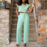 Women Pants Sets 2022 Female Casual Solid Color Round Neck Short Sleeve Tops High Waist Zipper Pants Office Long