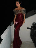 Burgundy Sequin Tube Maxi Dress With Off-shoulder Feather Shawl Set-Outfit