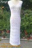 Casual White Crochet Hook Midi Dress Women Summer Hollow Long Dress 2023 Boho Beach Style Cover Up Dress