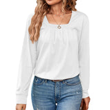 2023 New Casual Square Collar Pure Color Pleated Long-Sleeved Top T-Shirt Women-Outfit