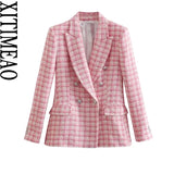 Women Fashion Double Breasted Houndstooth Tweed Blazers Coat Vintage Long Sleeve Frayed Trim Female Outerwear Chic