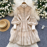 Fongt Court Lantern Sleeve Dress Girl Spring Hook Flower Embroidery Design Famous Light Luxury Royal Sister Temperament Dress