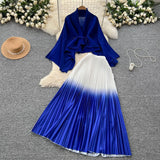 Fongt Wrinkled Butterfly Sleeve Gradient With Shawl Short Coat Top + Gradient 100 Folded Skirt Two-Piece Suit