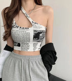 spaghetti strap tank top woman newspaper letter print wirefree bra camis for women camisole new trend-Outfit