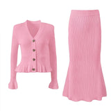 Fongt V-Neck Loaf Side Long Sleeve Open Shirt Bag Hip Fishtail Long Dress Elastic Knitted Two-Piece Suit Woman