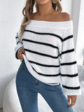 Shooting 2025 Autumn And Winter Casual Striped Out-The-Shoulder Lantern Sleeve Head Sweater Women's