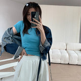 Cotton Shoulder Short-Sleeved T-Shirt Women's Ins Tide Brand Round Collar Folded And Bottomed T-Shirt Slim To Show A Thin White Blouse-Outfit