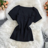Fongt Spice Sister Wind Short T Shirt Short Sleeve Design Sense Small Square Collar Machine Dew Collarbone Crop Sweater Jacket Female-Outfit