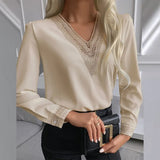 Lace Crochet Satin Silk Chiffon Shirt Women Long Sleeve Woman Blouses Tops V Neck Solid Embroidery Shirts Blusas