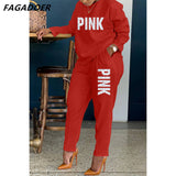 Long Sleeve Women Two Piece Solid Tracksuits Pink Letter Print O Neck Shirt & Casual Slim Pants Set Tracksuits
