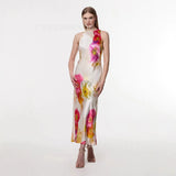 Fongt Women's Sexy Elegant Holiday Style Print Hanging Neck Tie Long Open Dress