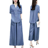 Fongt Cowboy Broad Leg Pants Set Summer Large Size Cover Thin Mother Casual Loose Ocean To Lose Age Thin Two