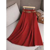Fongt Women's Spring And Autumn Solid Color Casual Bvy Skirt With Belt