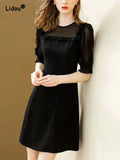 Autumn 2023 Round Neck Hollow Out Solid Color A-line Dresses Elegant Fashion Temperament Waist Chic Grace Chiffon