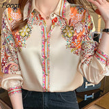 Han Queen Autumn New Office Lady Blusa Vintage Print Tops Simple Elegant Chiffon Women Blouses Long Sleeve Casual Shirts