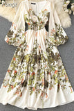Autumn Elegant Long Dress Women A Line Slim Long Sleeve V Neck Floral Dresses Ladies Vintage Party Long Robe