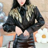 Embroidery Sequined Blouse Spring Autumn Turn-down Collar Diamonds Women's Clothing Commute Single-breasted Loose Shirt-Outfit
