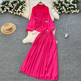 Fongt Simple Style Solid Temperament Suit Women's Spring Bubble Sleeve Strap Shirt + Tight Waist Slim Half Body Long Skirt
