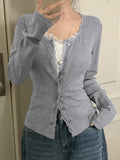 Fongt 2025 New Simple Solid Color Lace Splicing Casual Buckle Knitted Long-Sleeved T-Shirt Top