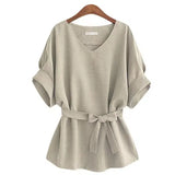 Size M-6XL Women Loose Short Sleeves Blouses 2022 New Fashion Summer Casual V-Neck Lace Up Bow Solid Color Tops Hot