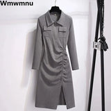 Drawstring Polo Dresses Women's Casual Slim Long/Short Sleeve Spring Summer Bodycon Dresses Design Pleated Korean