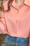Women's Silk Shirts V-neck Solid Laides Tops Womens 2023 Spring Fashion Satin Long Sleeve Blouses Button Up White OL Vintage