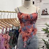 Fongt Shoot 辣tie Bra Irregular Sling Sling Vest Slimming Print Mesh Sleeveless Top 8950